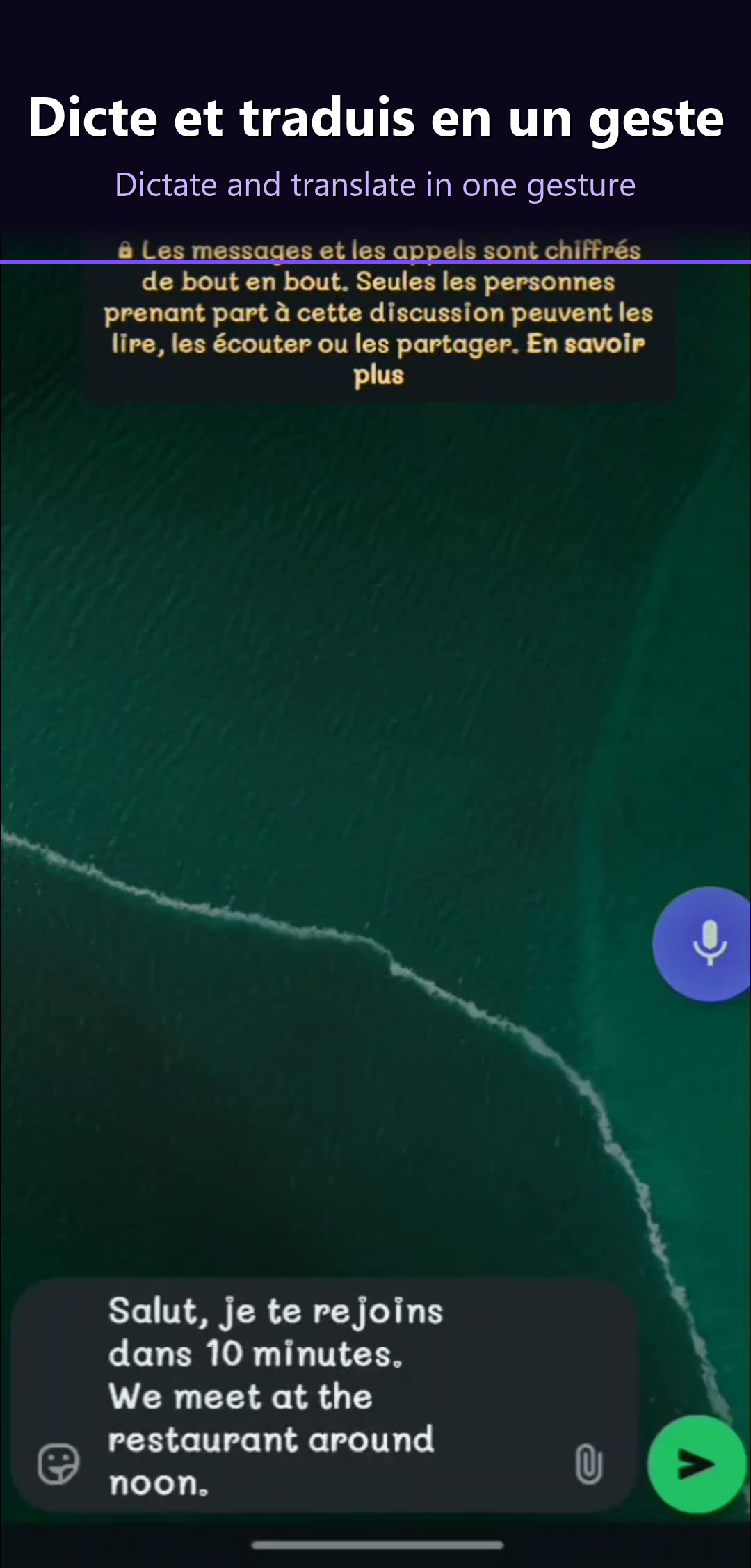 DictoKey floating voice bubble translating French to English in real time on Android